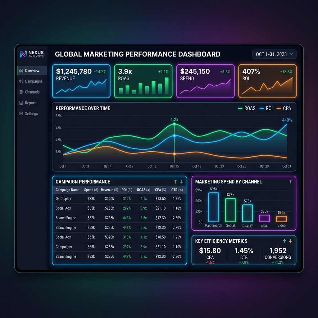 A clean, premium analytics dashboard showing marketing metrics like ROI, ROAS, CPA, and CTR.
