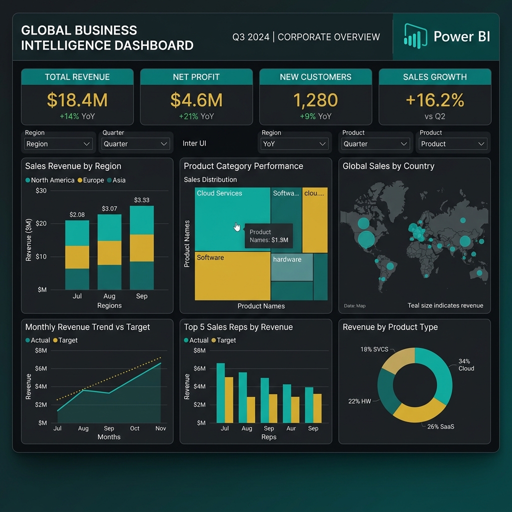 A clean, modern Power BI dashboard displayed on a screen.
