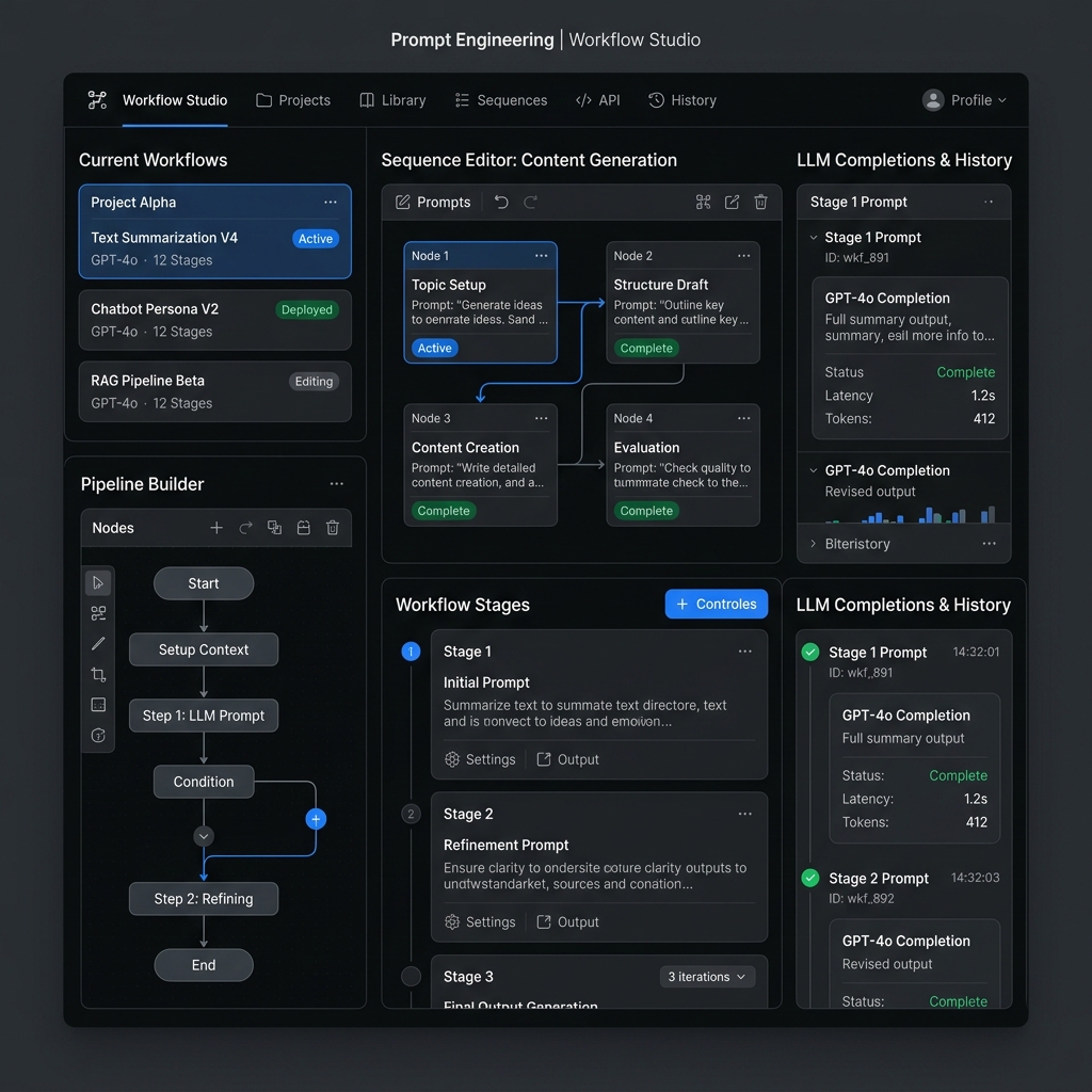 A clean, modern professional dashboard UI showing prompt engineering workflows, prompt sequences, and LLM completions.