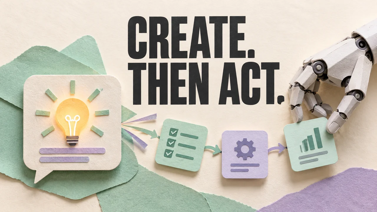 A creative AI spark connects to a mechanical hand arranging task cards.