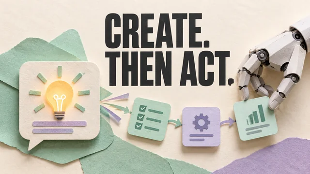 A creative AI spark connects to a mechanical hand arranging task cards.