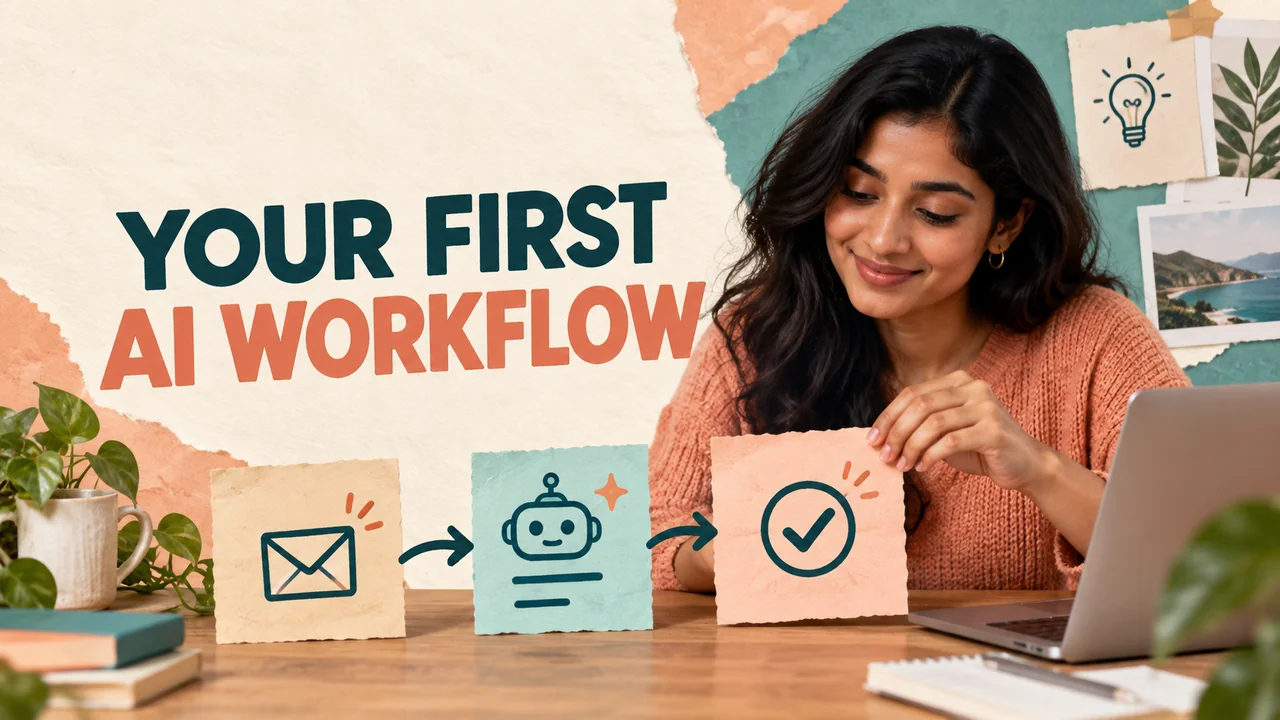 A learner connects inbox, AI sorting and completed task cards to build her first automation.