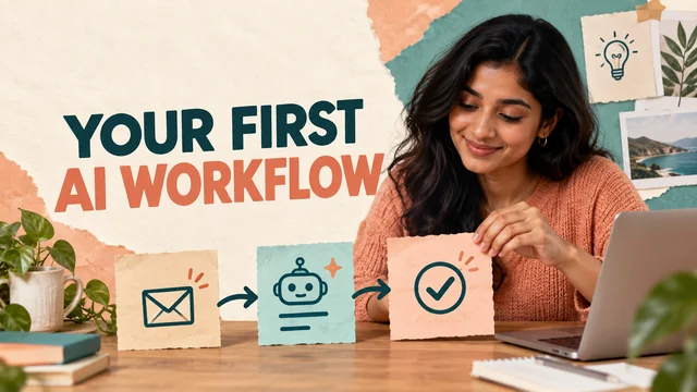 A learner connects inbox, AI sorting and completed task cards to build her first automation.