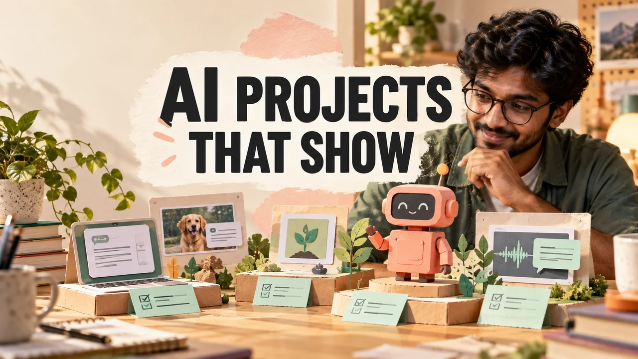An Indian developer proudly examining a physical desktop diorama of tested AI applications, mint task cards and a small coral robot prototype