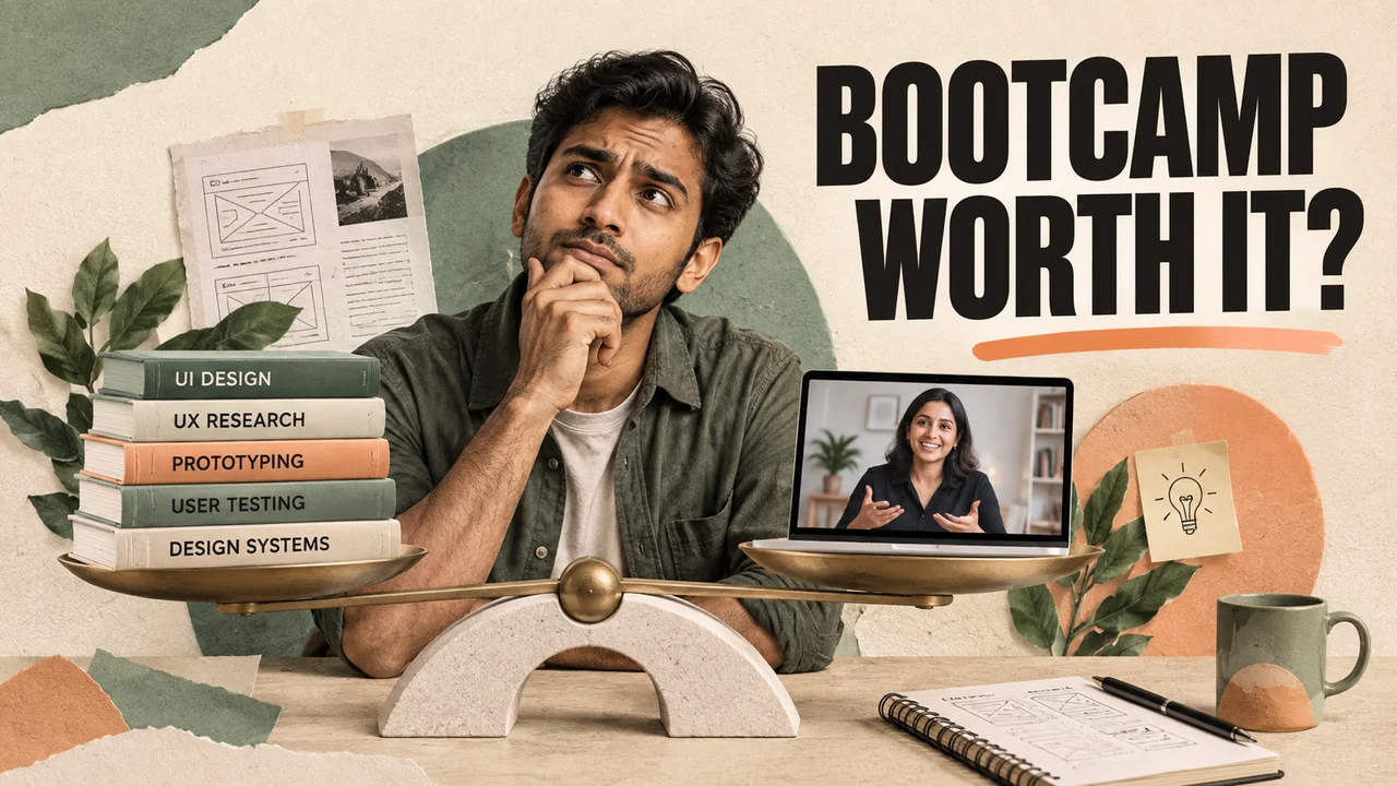 thoughtful Indian man weighing a stack of course books against a small mentor video screen on a sculptural balance; notebook nearby