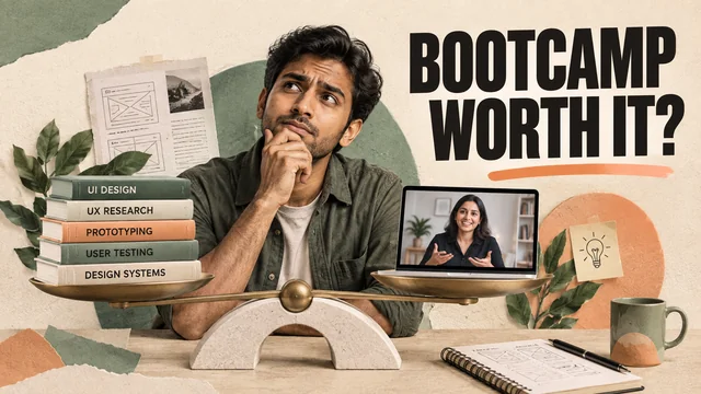 thoughtful Indian man weighing a stack of course books against a small mentor video screen on a sculptural balance; notebook nearby