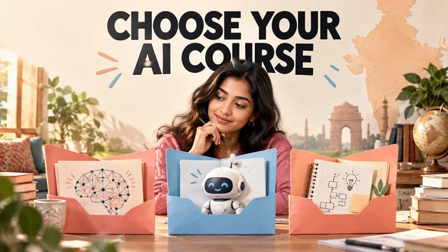 Thoughtful young Indian woman comparing three open course folders containing neural network sketch, small robot and project notebook, coral and sky blue