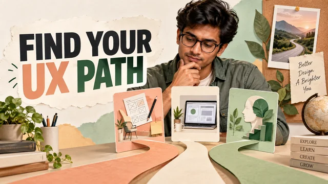 Indian male learner with glasses comparing three tactile course cards, diverging peach and sage paper paths