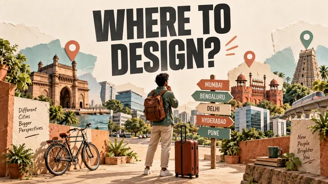 beautiful miniature Indian urban streetscape with modern offices, commuter bicycle, suitcase and paper location pins, thoughtful career travel concept