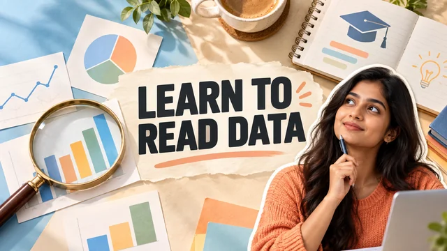 Top-down tactile analytical desk, magnifying glass over clean colourful chart cards, open course notebook and thoughtful Indian learner photo cutout, sky blue and apricot