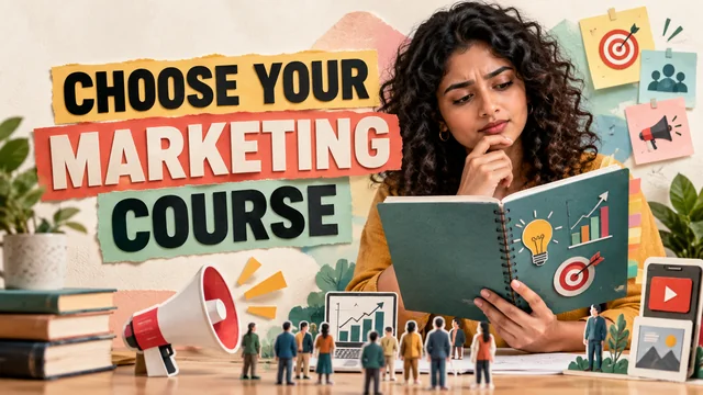 Indian woman with curly hair scrutinizing a tactile course workbook surrounded by megaphone, audience and campaign miniatures
