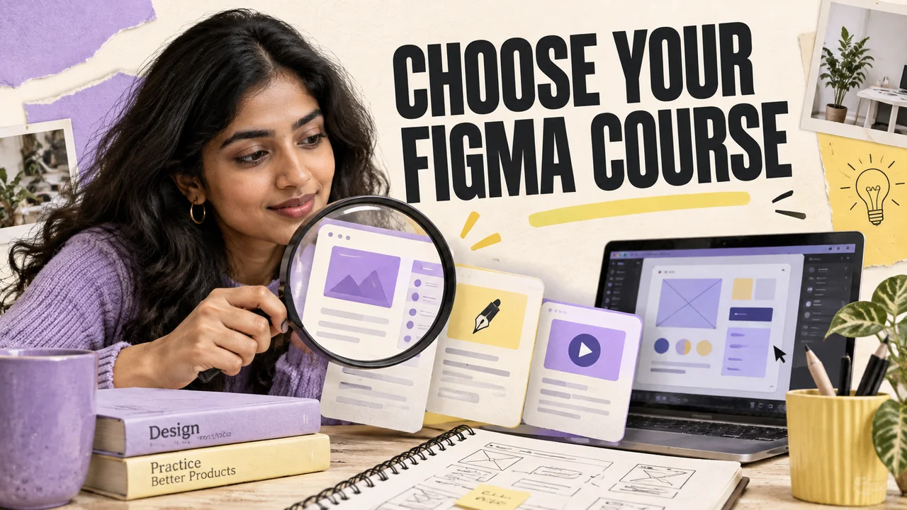 Indian woman holding a magnifying glass to layered interface lesson cards, hands-on digital design classroom notebook