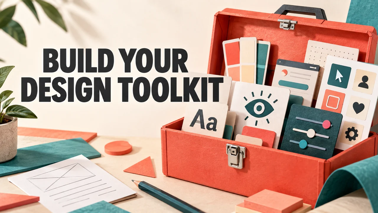 open coral toolbox of miniature interface components, accessibility eye card and icon sheets