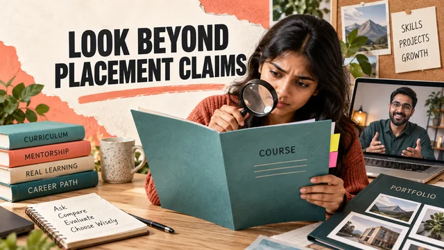 Indian student scrutinising course folder with magnifying glass beside mentor video call and portfolio