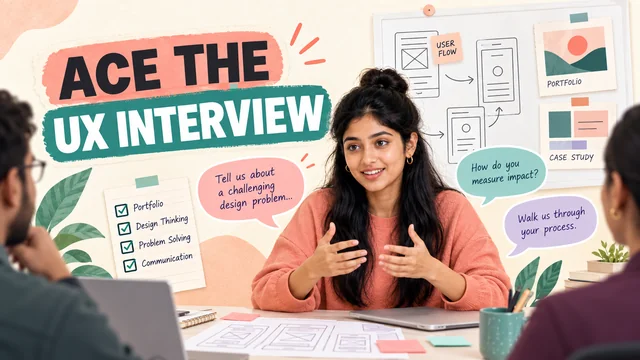 UI/UX candidate preparing interview answers beside wireframes and a portfolio checklist.