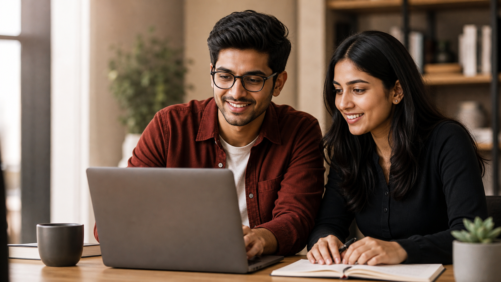 Two learners working together on a laptop